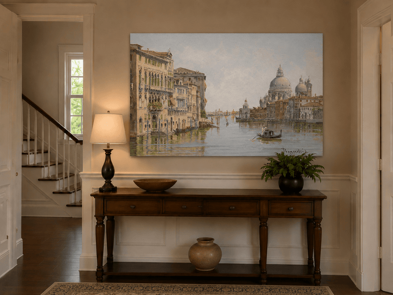 Landscape Oil Painting - Venetian Canal with Gondola and Basilica