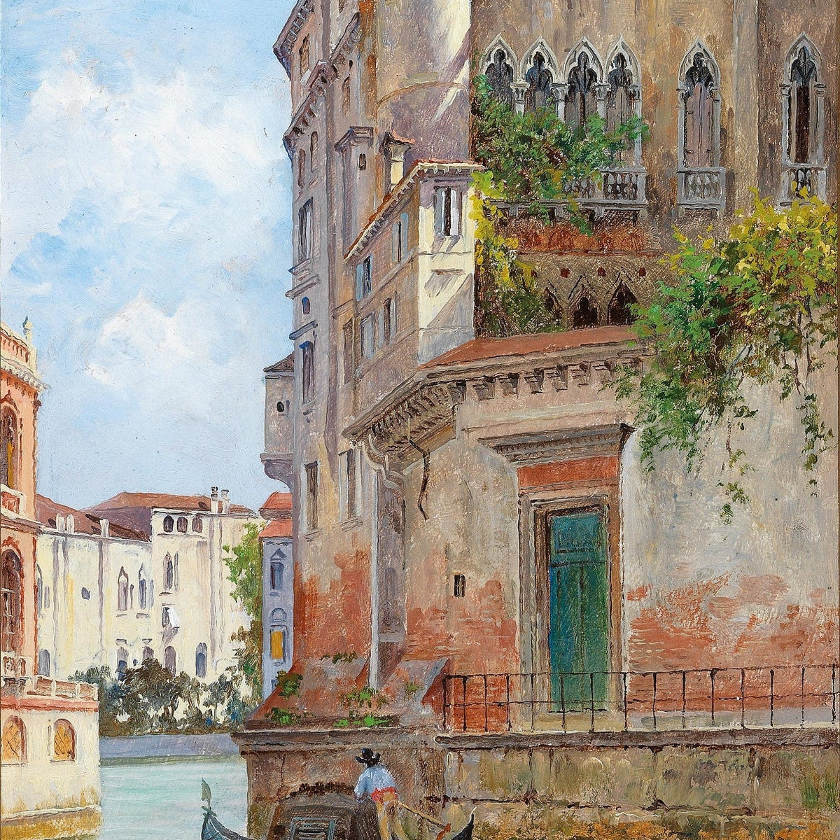 Hand-painted venetian canal with gondola and palace landscape oil painting on canvas