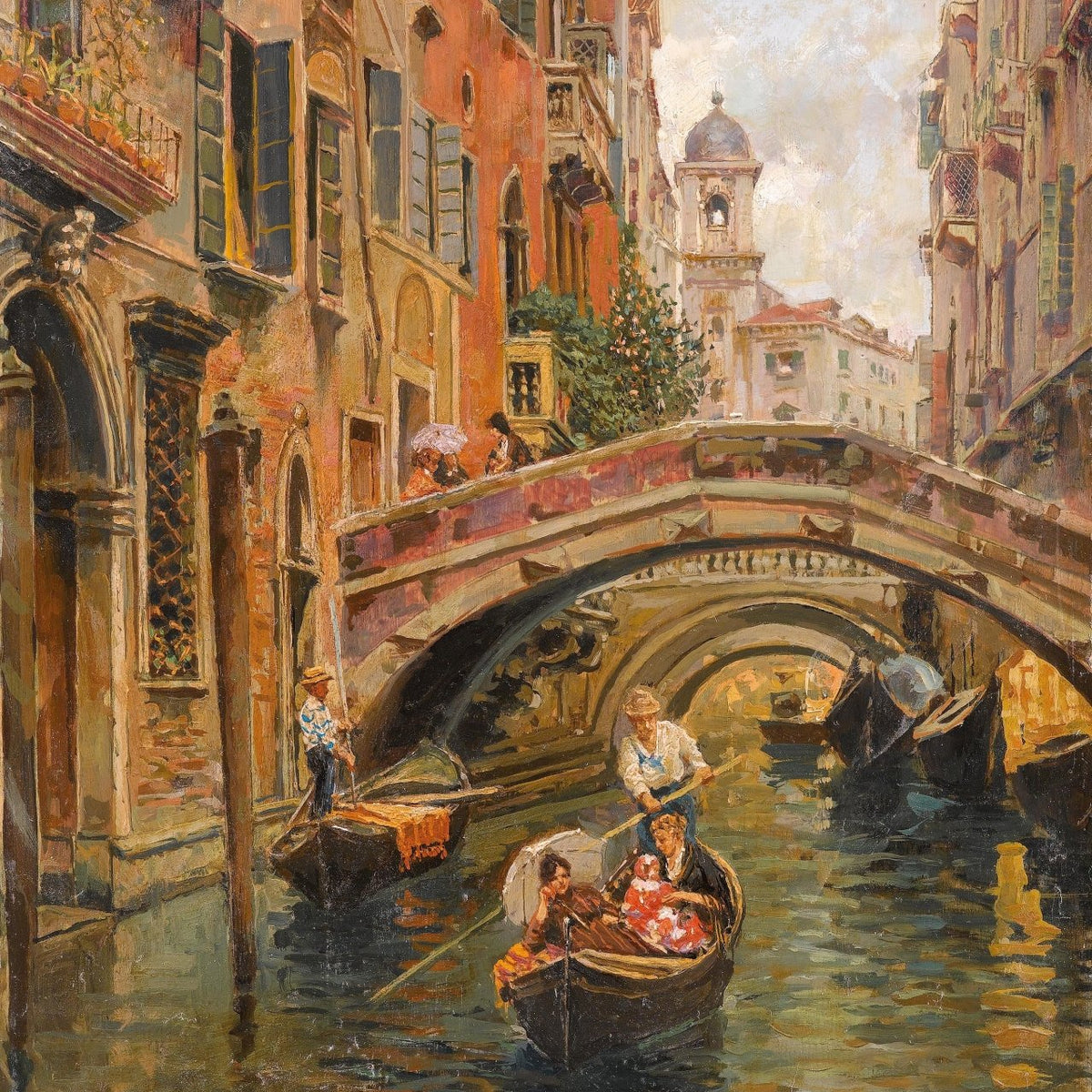 Landscape Oil Painting - Venetian Canal with Gondola Bridge - Oil Painting Haven