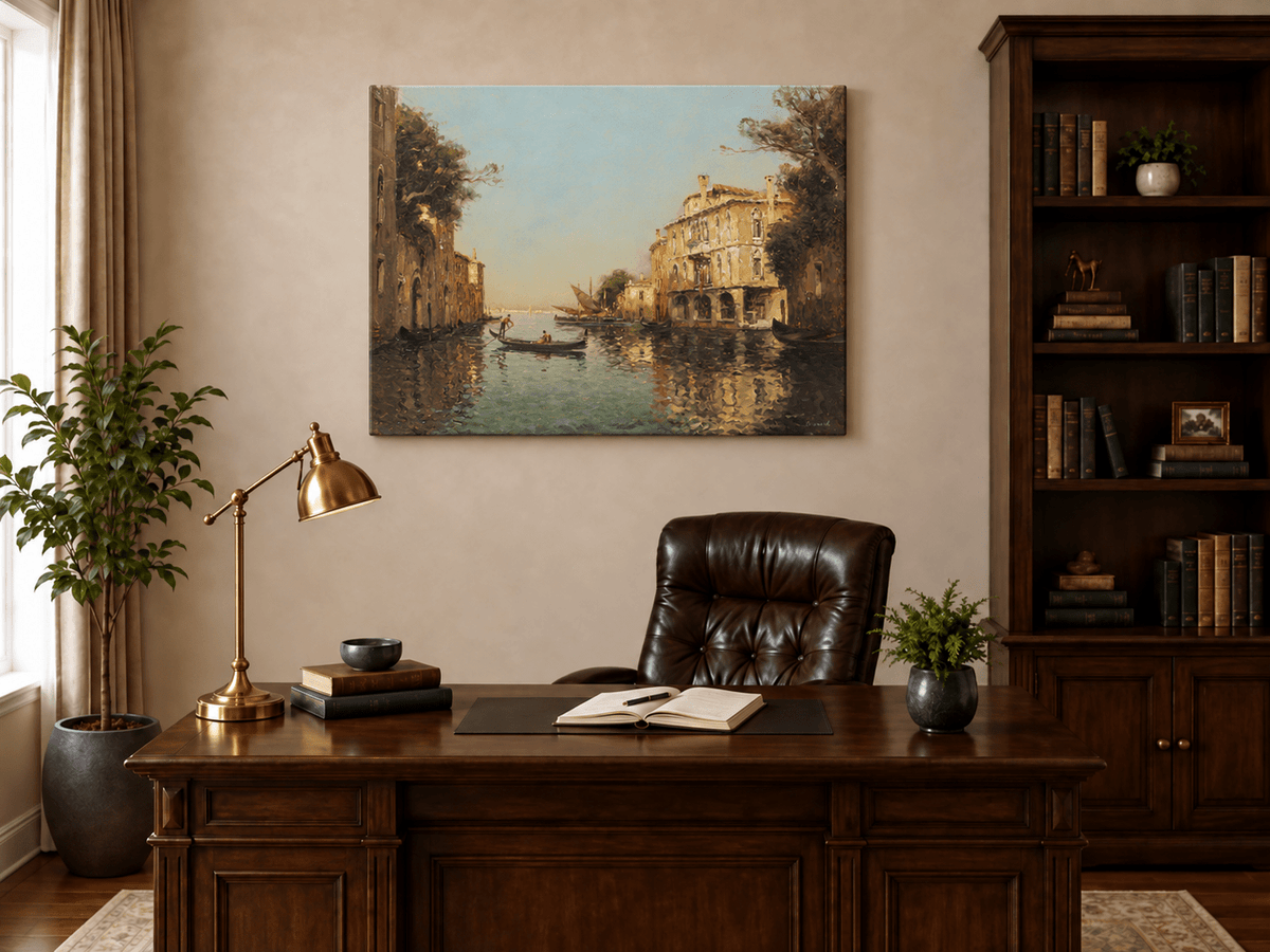 Landschaftsölgemälde – Venezianischer Kanal mit Gondelreflexionen