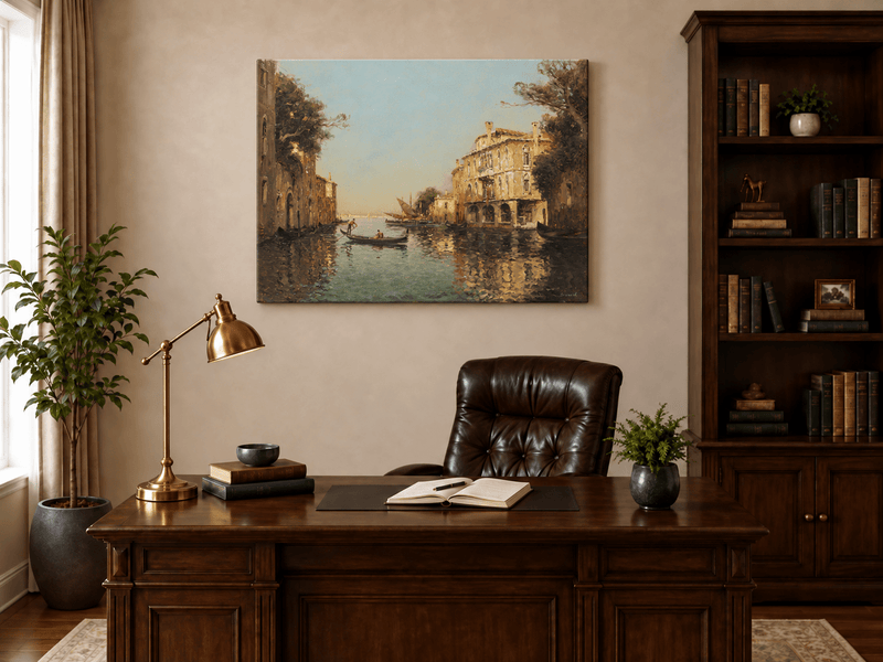 Landschaftsölgemälde – Venezianischer Kanal mit Gondelreflexionen
