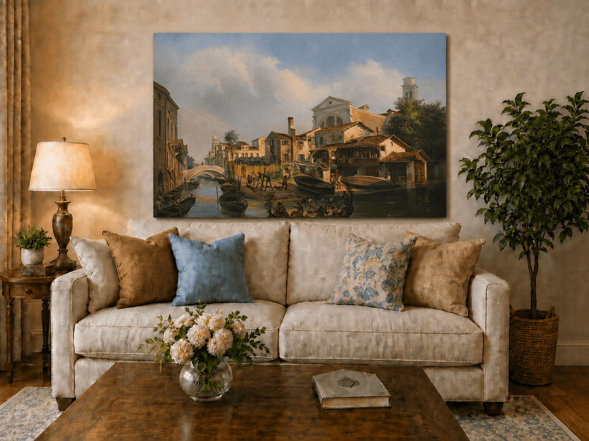 Landscape Oil Painting - Venetian Canal with Gondolas and Boats