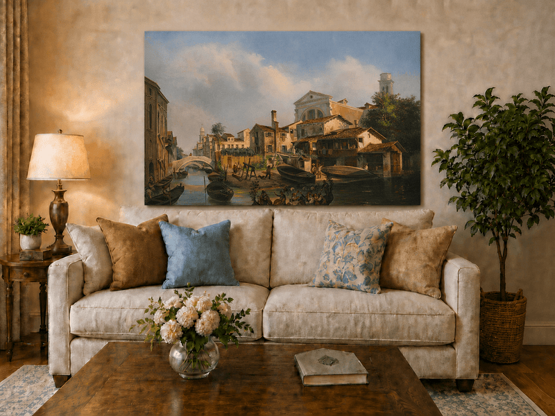 Landscape Oil Painting - Venetian Canal with Gondolas and Boats