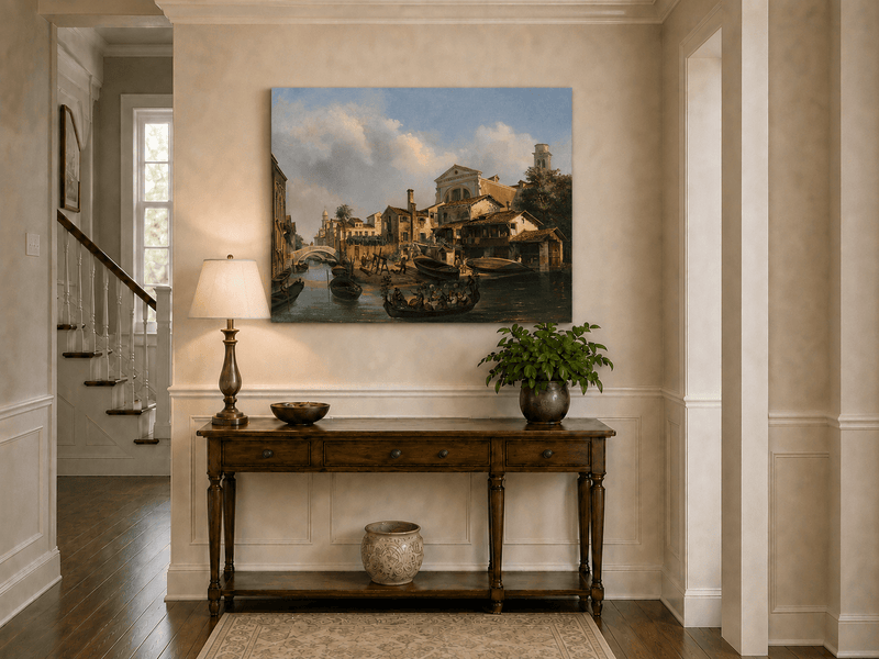 Landscape Oil Painting - Venetian Canal with Gondolas and Boats