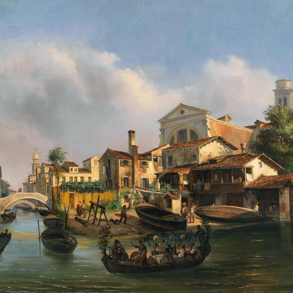 Hand-painted venetian canal with gondolas and boats landscape oil painting on canvas
