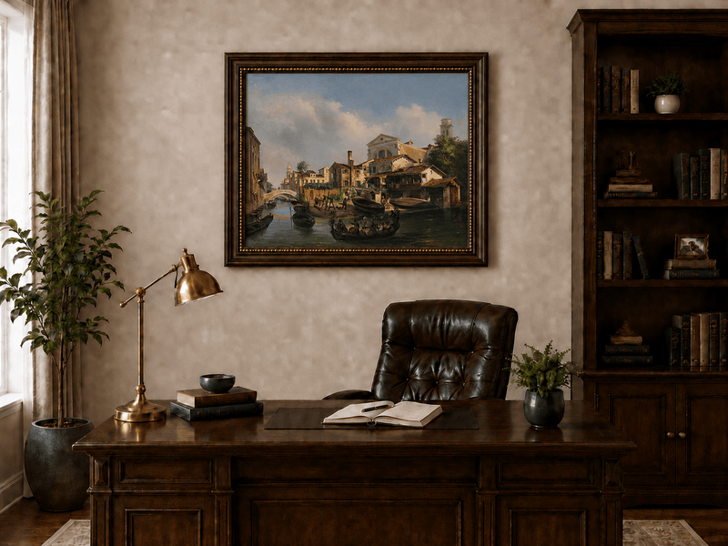 Landscape Oil Painting - Venetian Canal with Gondolas and Boats