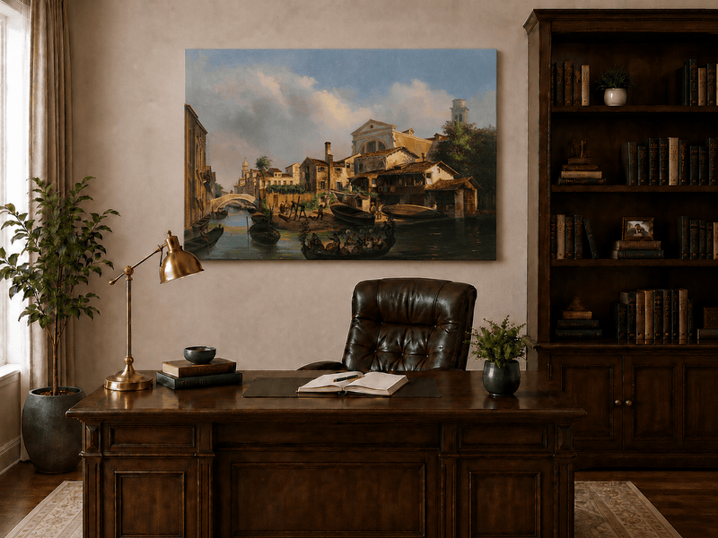 Landscape Oil Painting - Venetian Canal with Gondolas and Boats