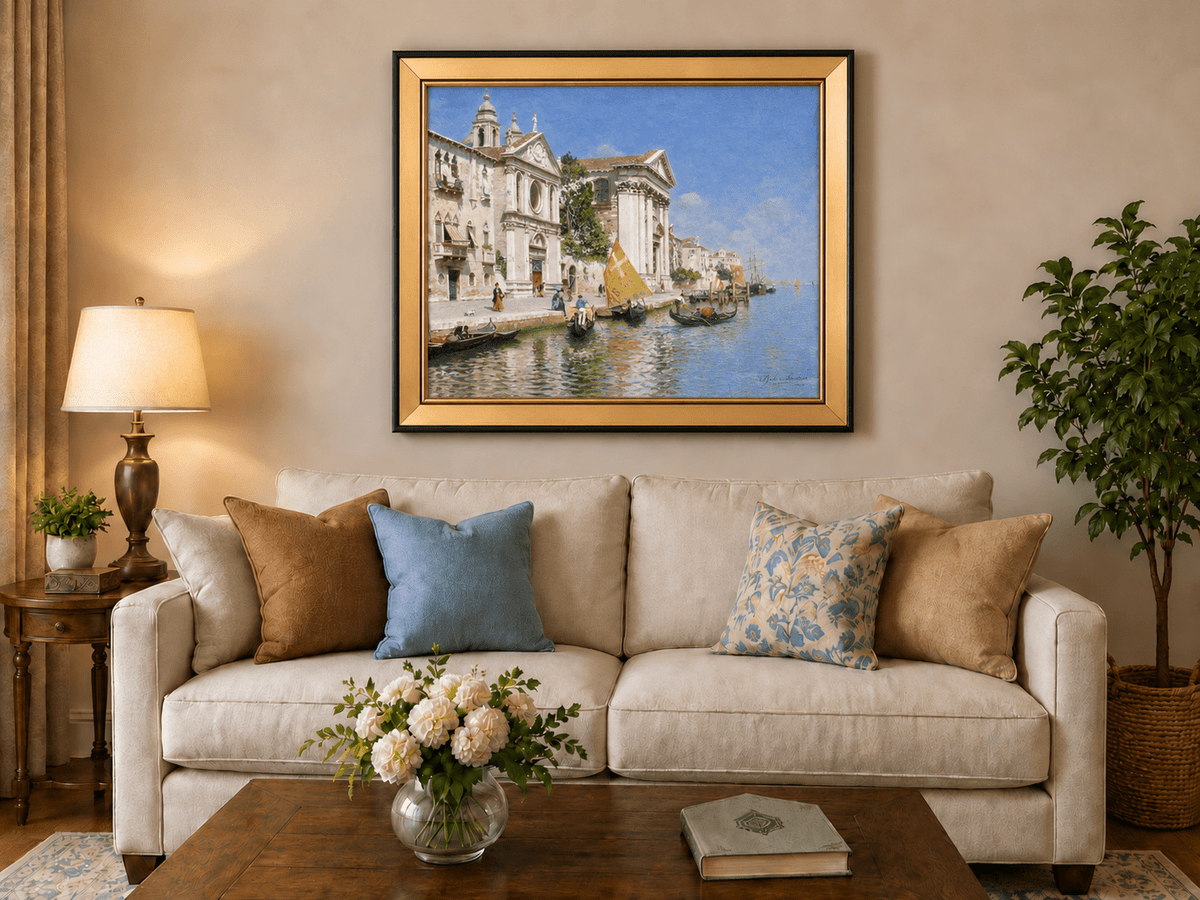 Landscape Oil Painting - Venetian Canal with Gondolas and Church