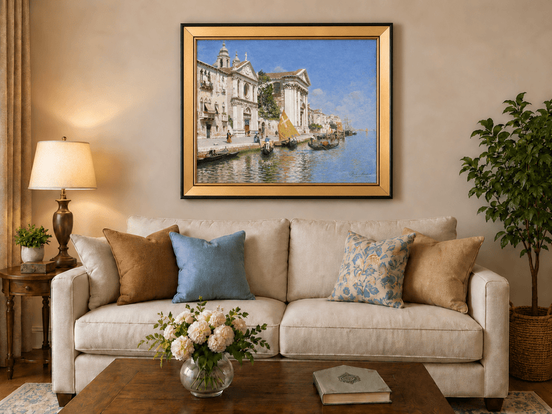 Landscape Oil Painting - Venetian Canal with Gondolas and Church