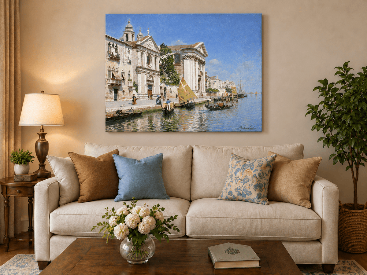 Landscape Oil Painting - Venetian Canal with Gondolas and Church