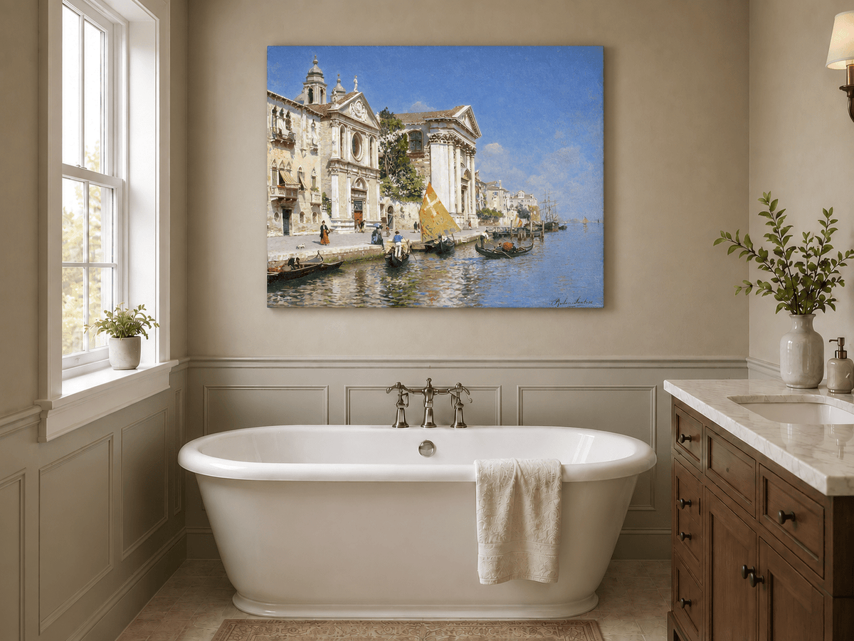 Landscape Oil Painting - Venetian Canal with Gondolas and Church