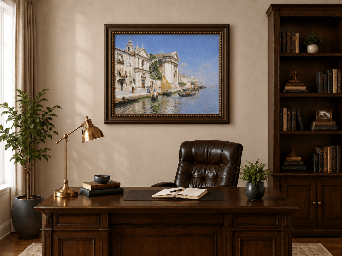 Landscape Oil Painting - Venetian Canal with Gondolas and Church
