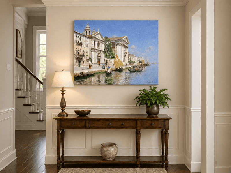 Landscape Oil Painting - Venetian Canal with Gondolas and Church