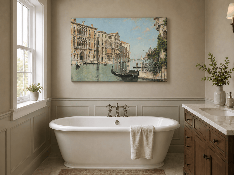 Ölgemälde Landschaft - Venezianischer Kanal mit Gondeln und Palästen