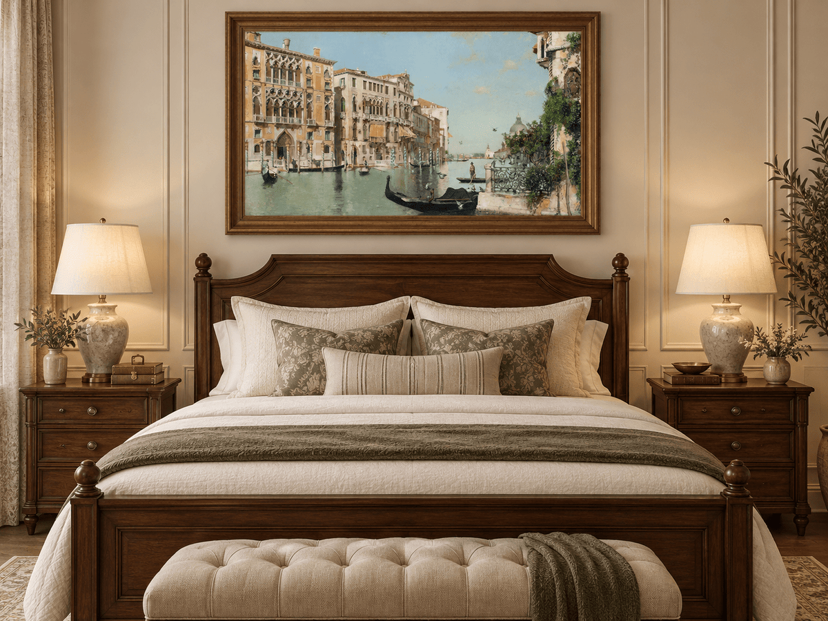 Ölgemälde Landschaft - Venezianischer Kanal mit Gondeln und Palästen