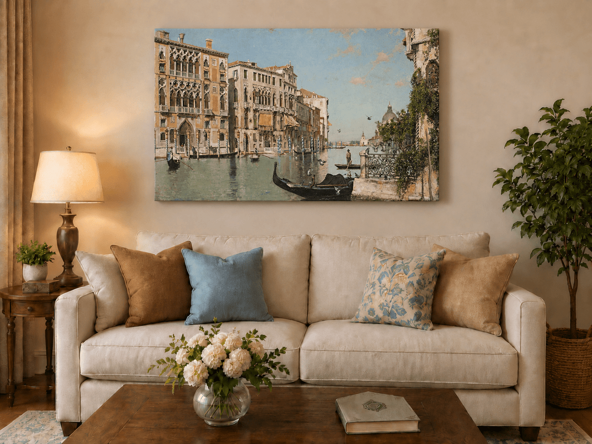 Ölgemälde Landschaft - Venezianischer Kanal mit Gondeln und Palästen