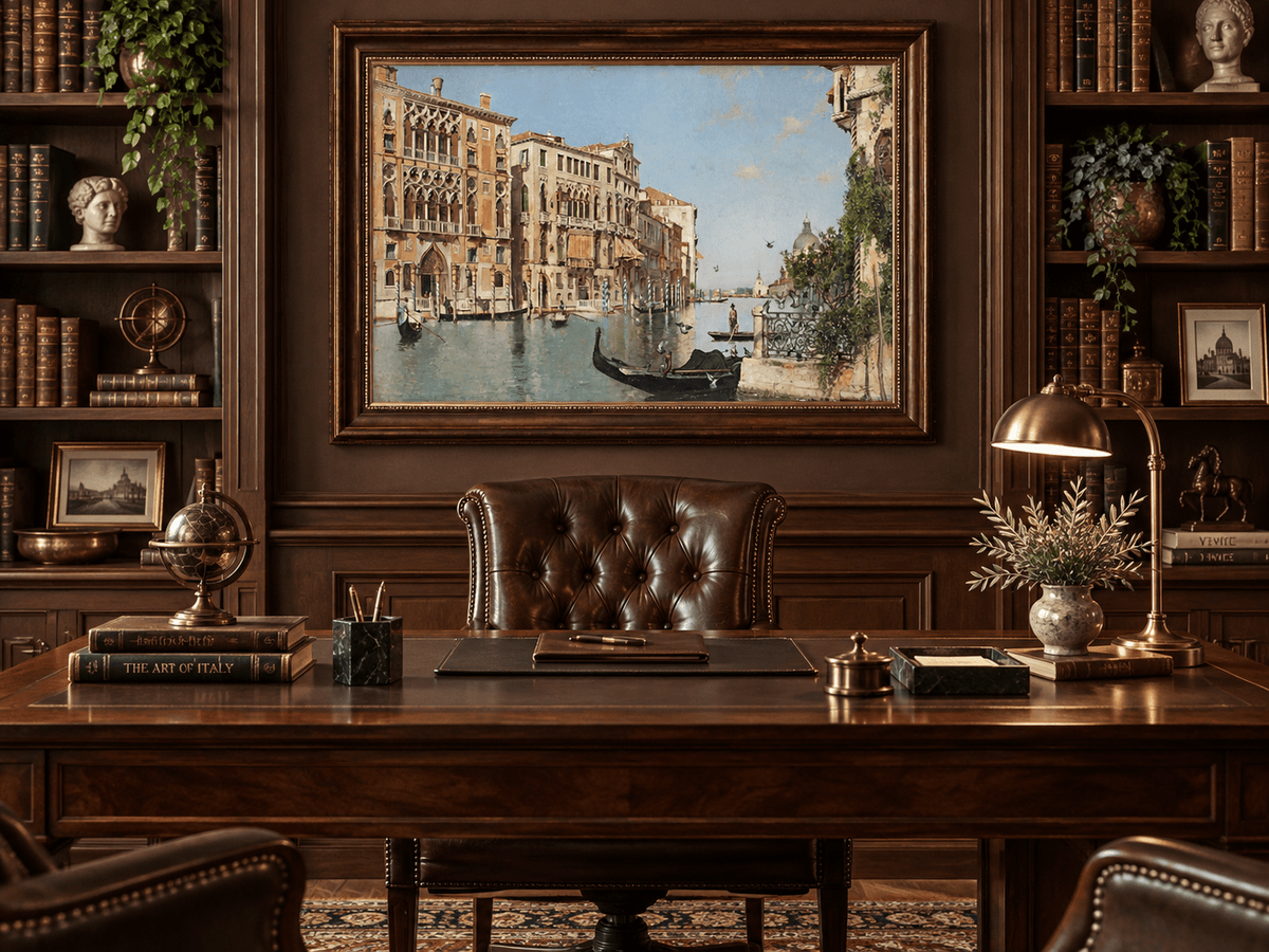 Ölgemälde Landschaft - Venezianischer Kanal mit Gondeln und Palästen