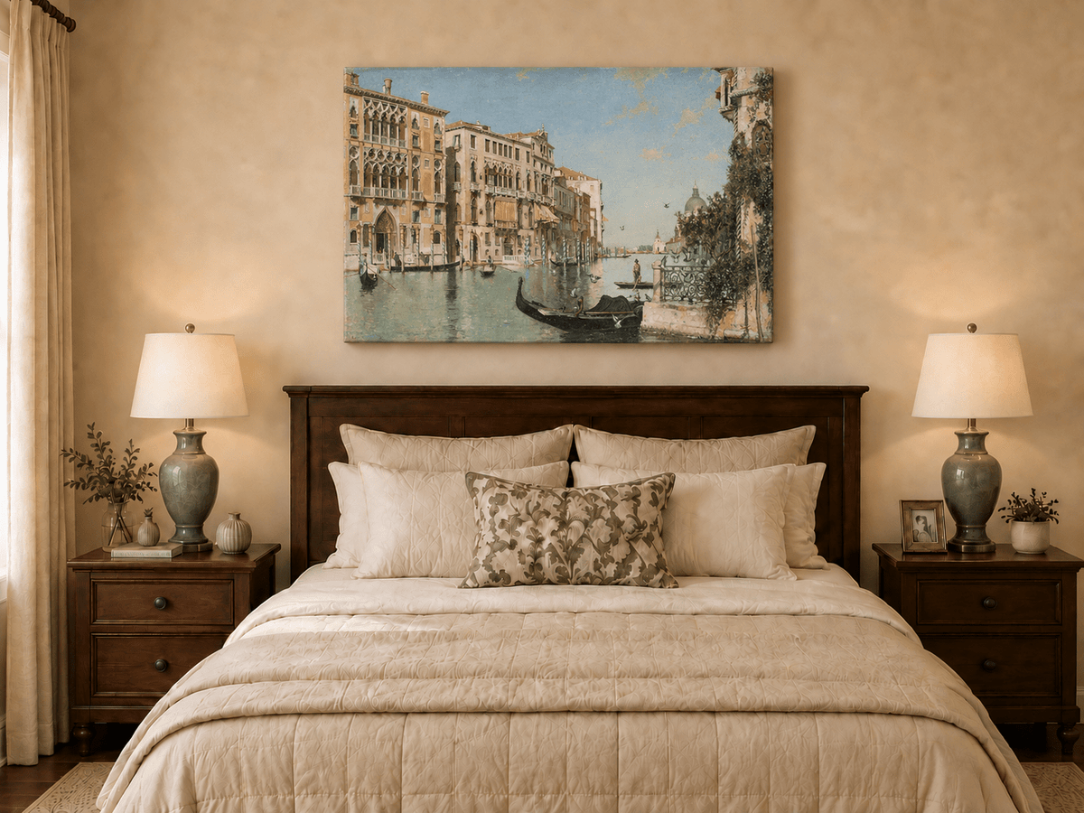 Ölgemälde Landschaft - Venezianischer Kanal mit Gondeln und Palästen