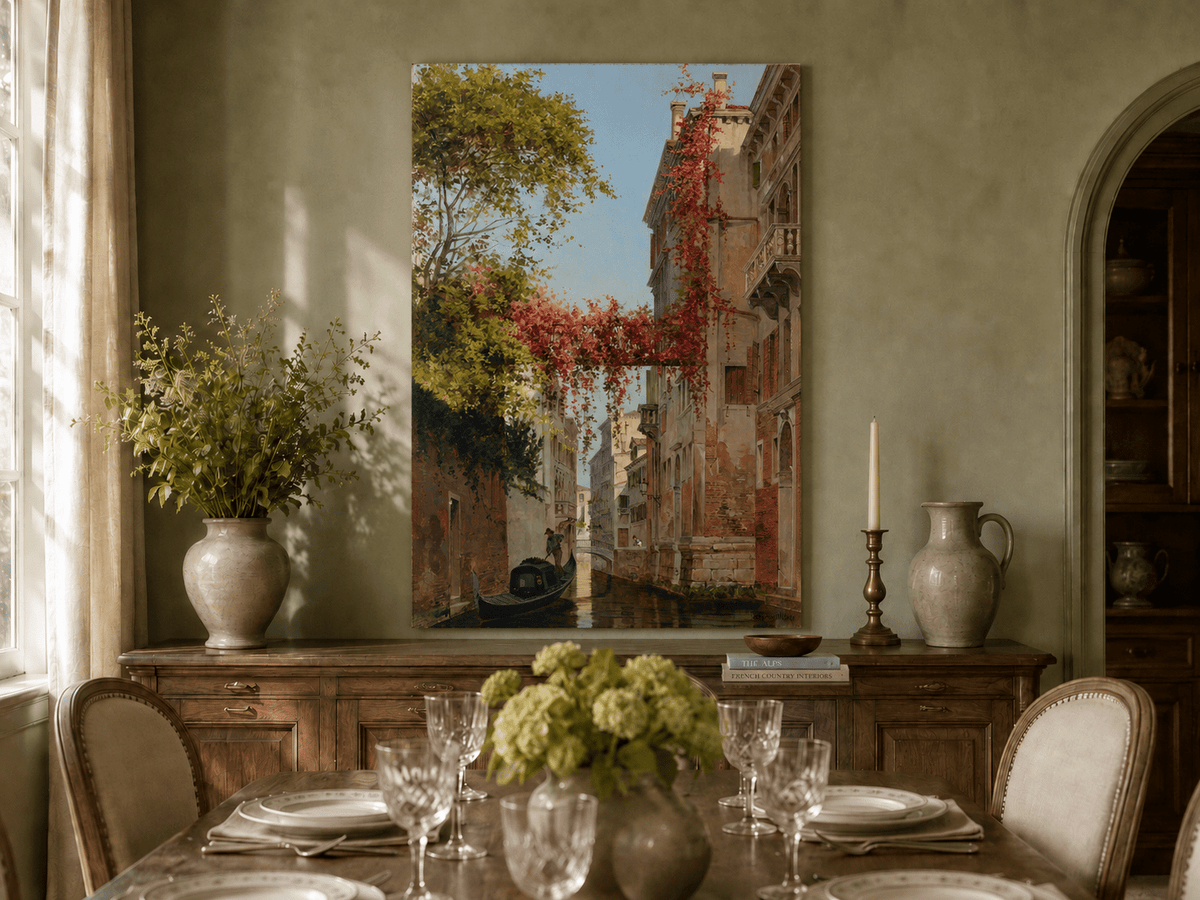 Landscape Oil Painting - Venetian Canal with Ivy and Gondola