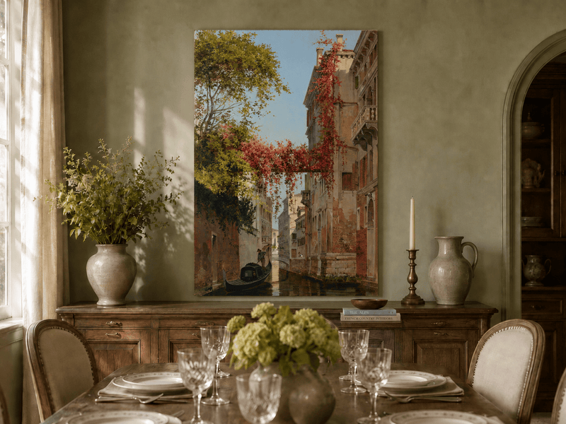 Landscape Oil Painting - Venetian Canal with Ivy and Gondola