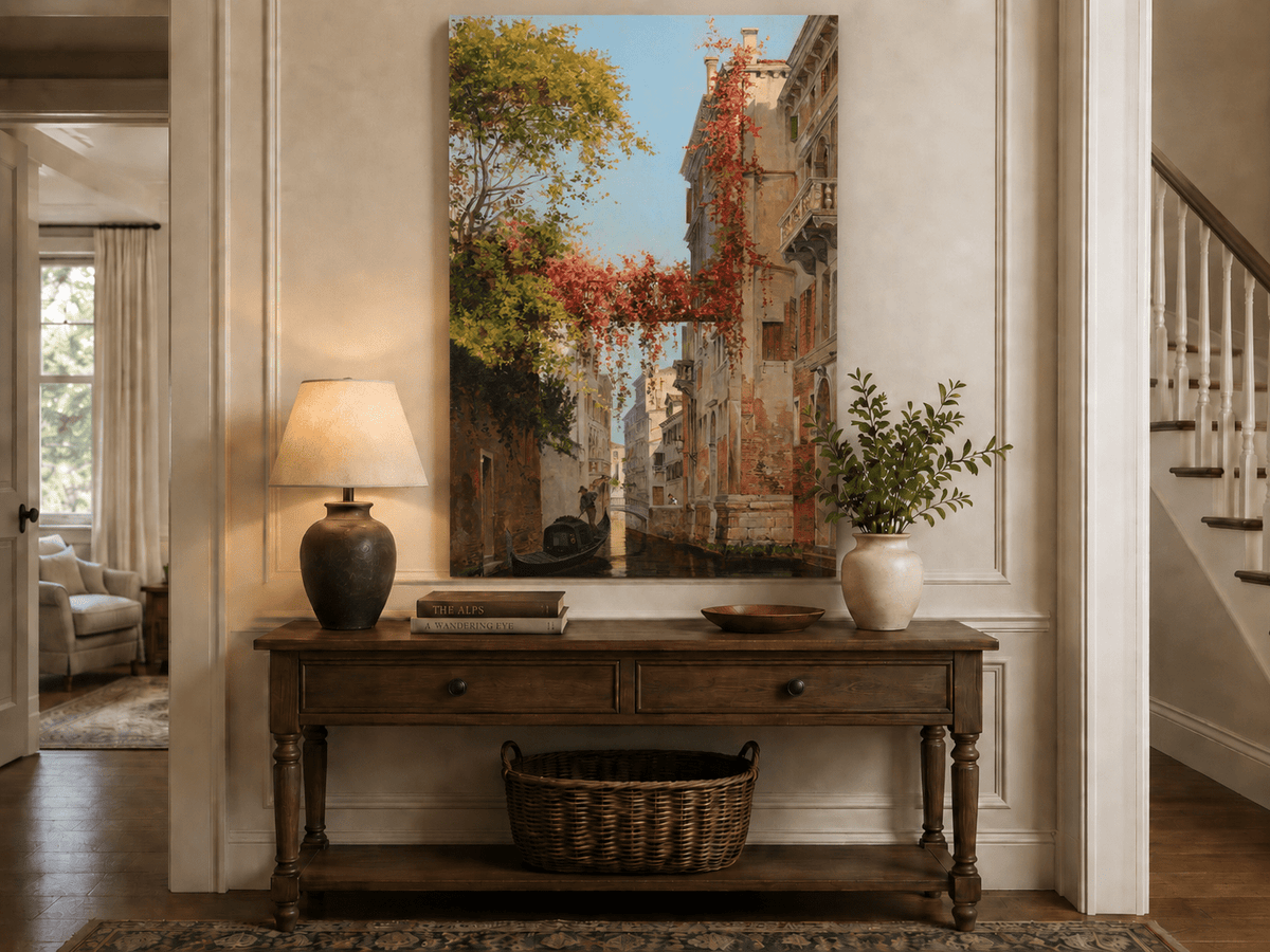 Landscape Oil Painting - Venetian Canal with Ivy and Gondola