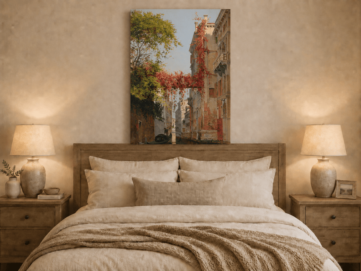 Landscape Oil Painting - Venetian Canal with Ivy and Gondola