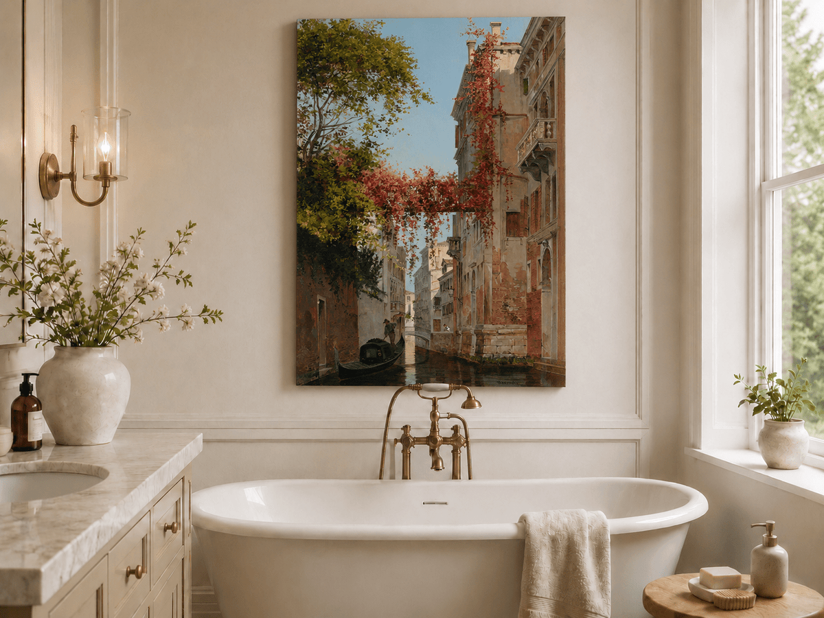 Landscape Oil Painting - Venetian Canal with Ivy and Gondola