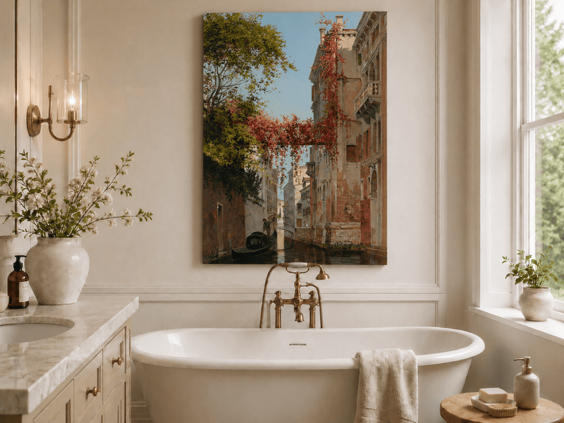 Landscape Oil Painting - Venetian Canal with Ivy and Gondola