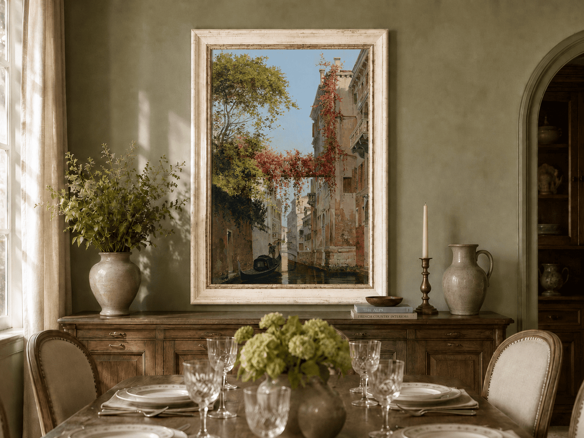 Landscape Oil Painting - Venetian Canal with Ivy and Gondola