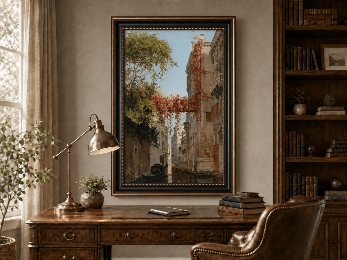 Landscape Oil Painting - Venetian Canal with Ivy and Gondola
