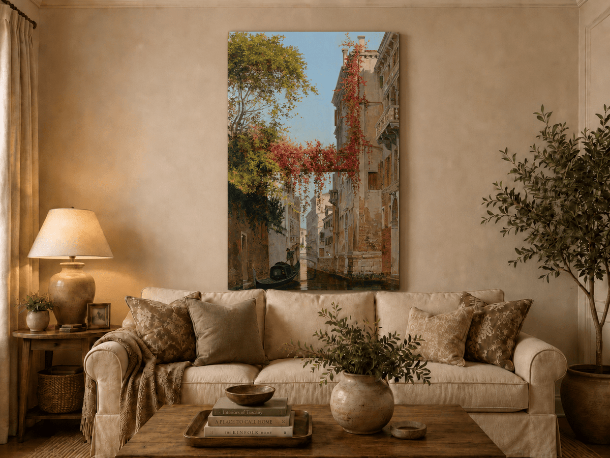 Landscape Oil Painting - Venetian Canal with Ivy and Gondola