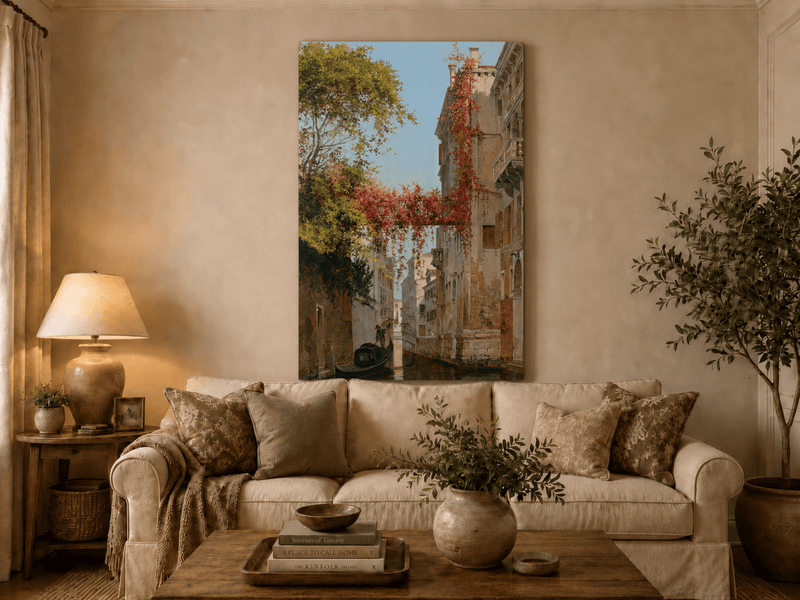 Landscape Oil Painting - Venetian Canal with Ivy and Gondola