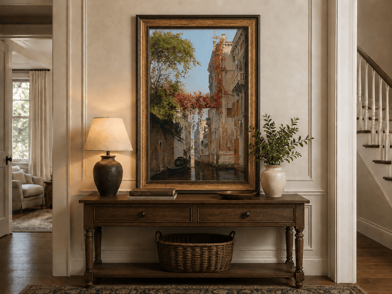 Landscape Oil Painting - Venetian Canal with Ivy and Gondola