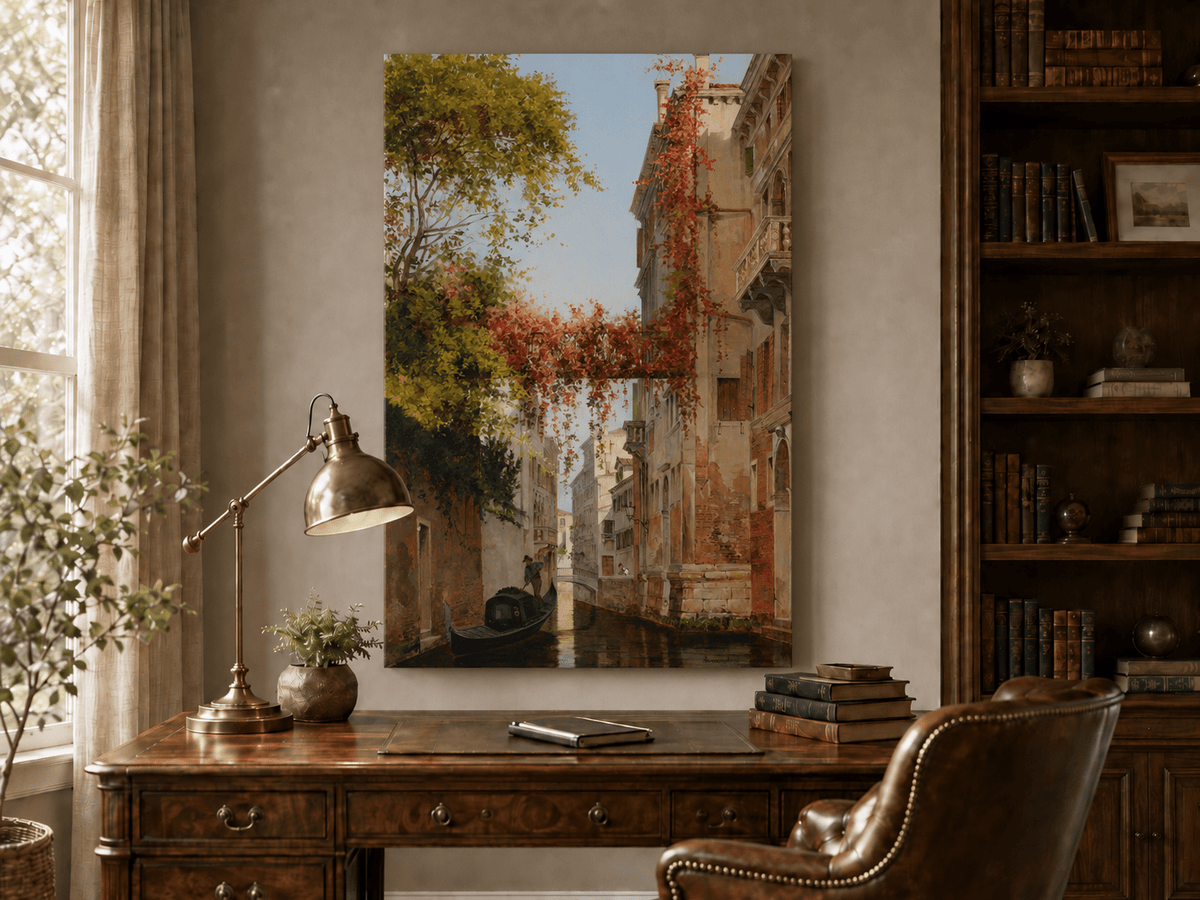 Landscape Oil Painting - Venetian Canal with Ivy and Gondola