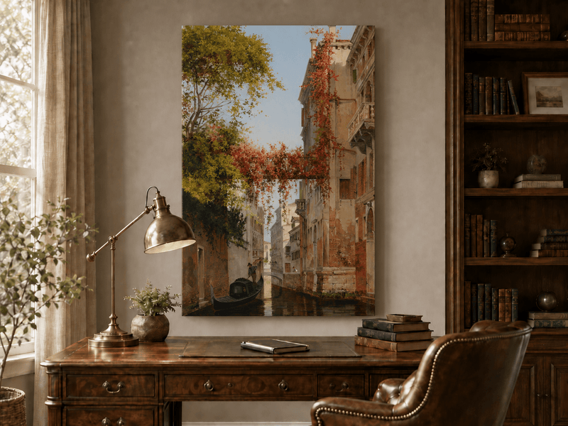 Landscape Oil Painting - Venetian Canal with Ivy and Gondola