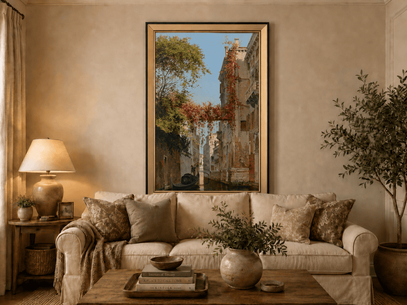 Landscape Oil Painting - Venetian Canal with Ivy and Gondola