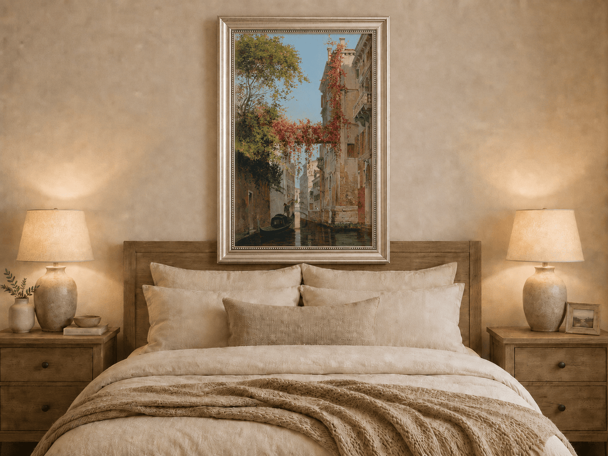 Landscape Oil Painting - Venetian Canal with Ivy and Gondola