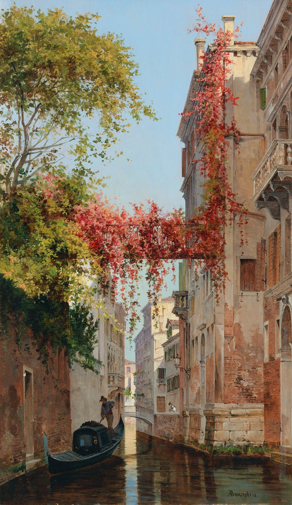 Hand-painted venetian canal with ivy and gondola landscape oil painting on canvas