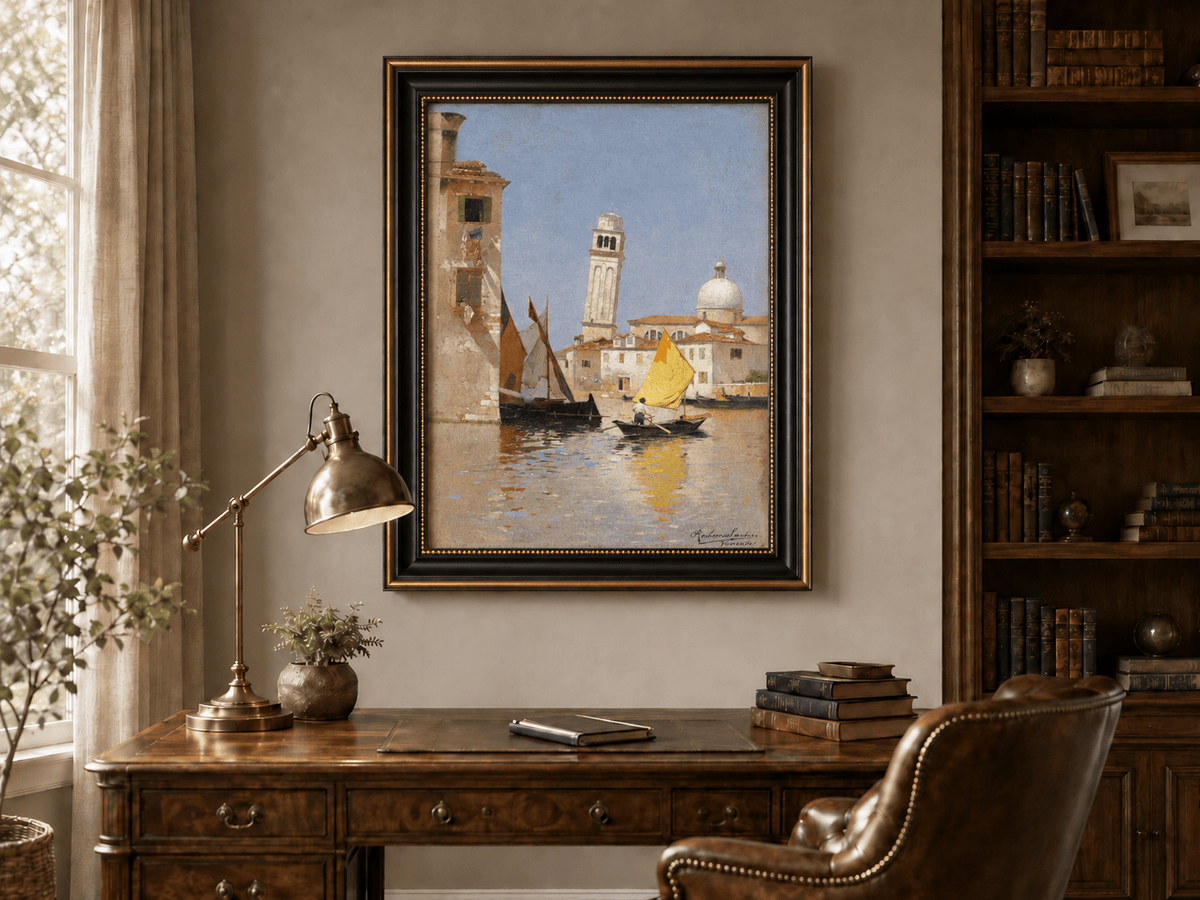 Landscape Oil Painting - Venetian Canal with Yellow Sail Boat