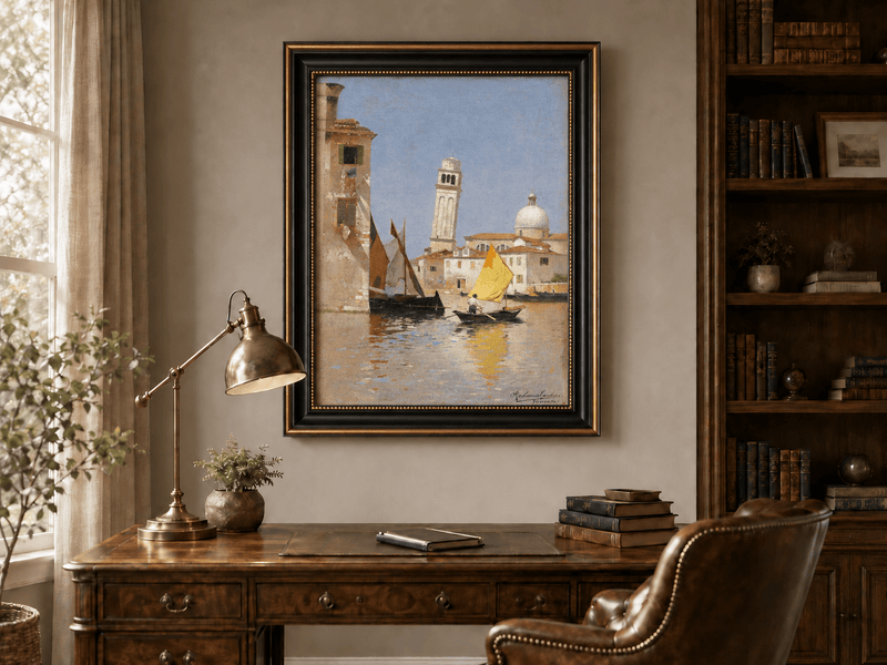 Landscape Oil Painting - Venetian Canal with Yellow Sail Boat
