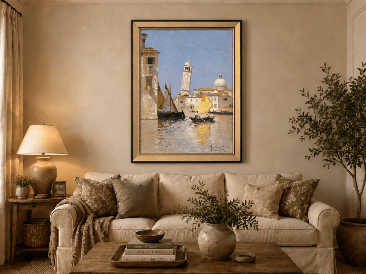 Landscape Oil Painting - Venetian Canal with Yellow Sail Boat