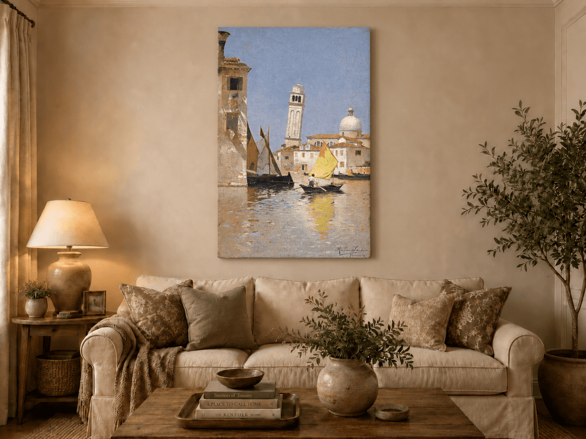 Landscape Oil Painting - Venetian Canal with Yellow Sail Boat