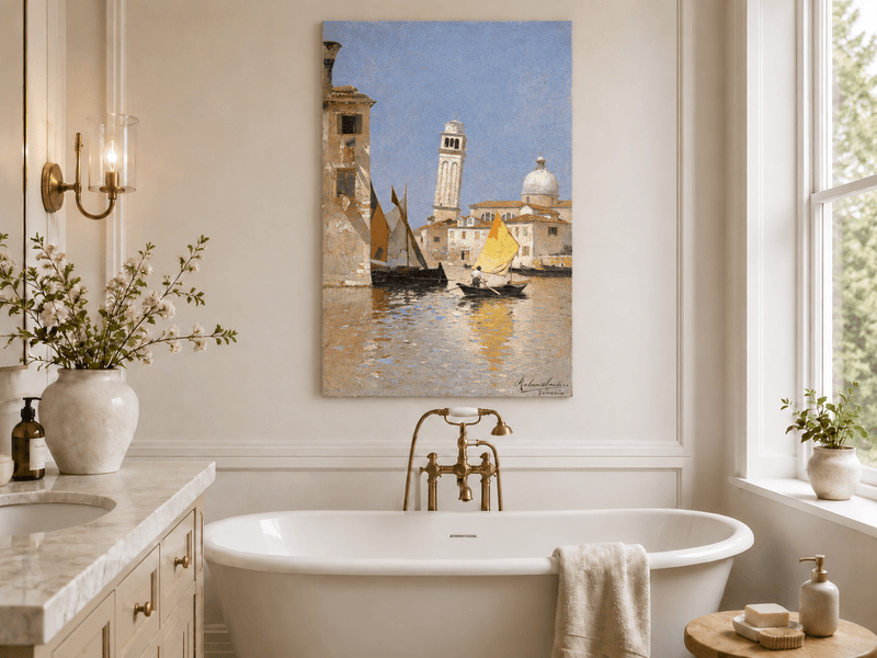 Landscape Oil Painting - Venetian Canal with Yellow Sail Boat