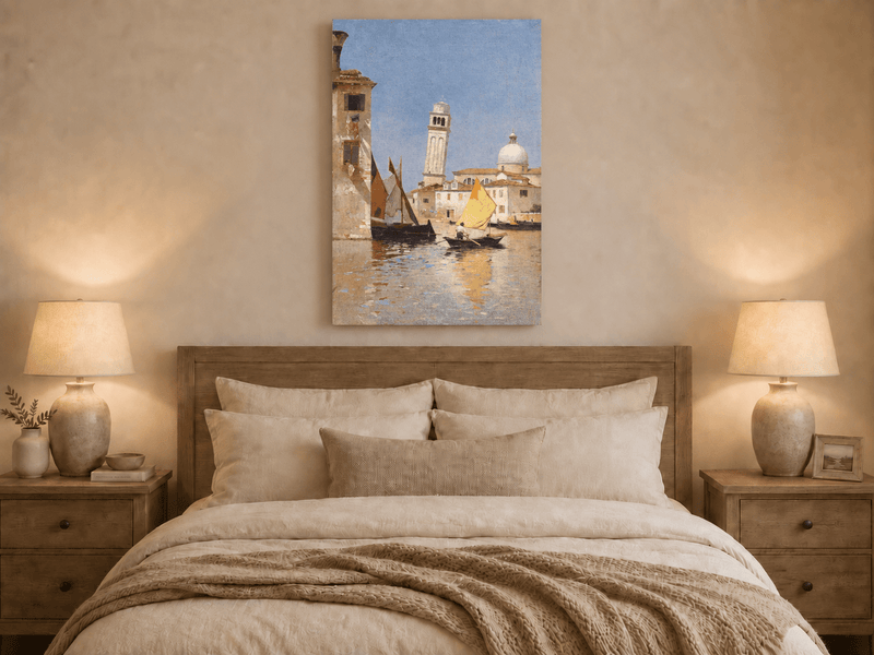 Landscape Oil Painting - Venetian Canal with Yellow Sail Boat