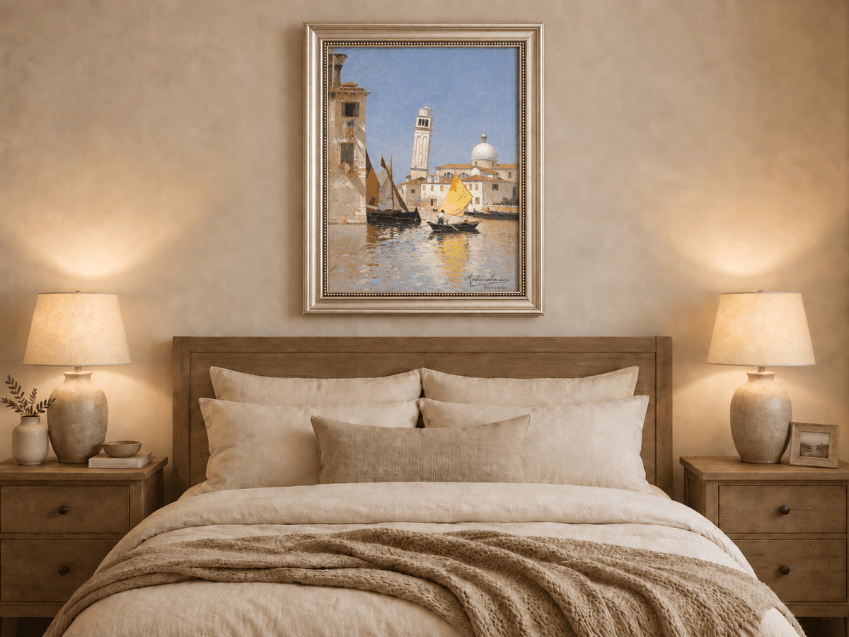Landscape Oil Painting - Venetian Canal with Yellow Sail Boat