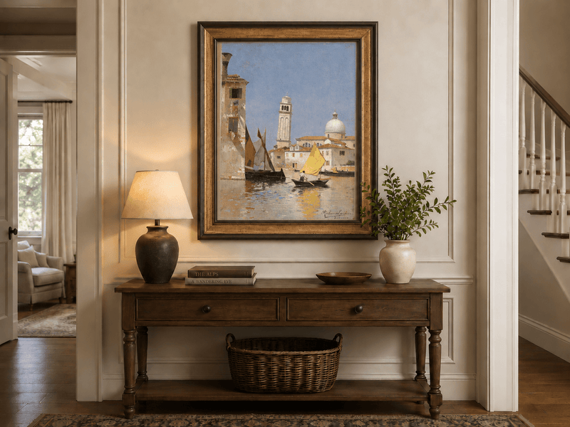 Landscape Oil Painting - Venetian Canal with Yellow Sail Boat