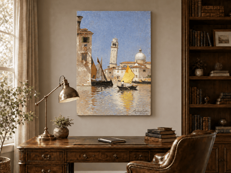 Landscape Oil Painting - Venetian Canal with Yellow Sail Boat