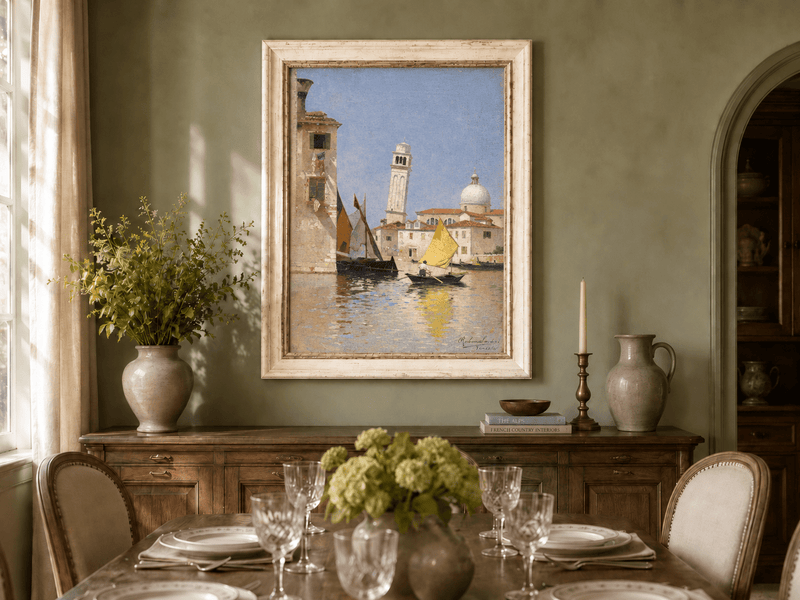 Landscape Oil Painting - Venetian Canal with Yellow Sail Boat