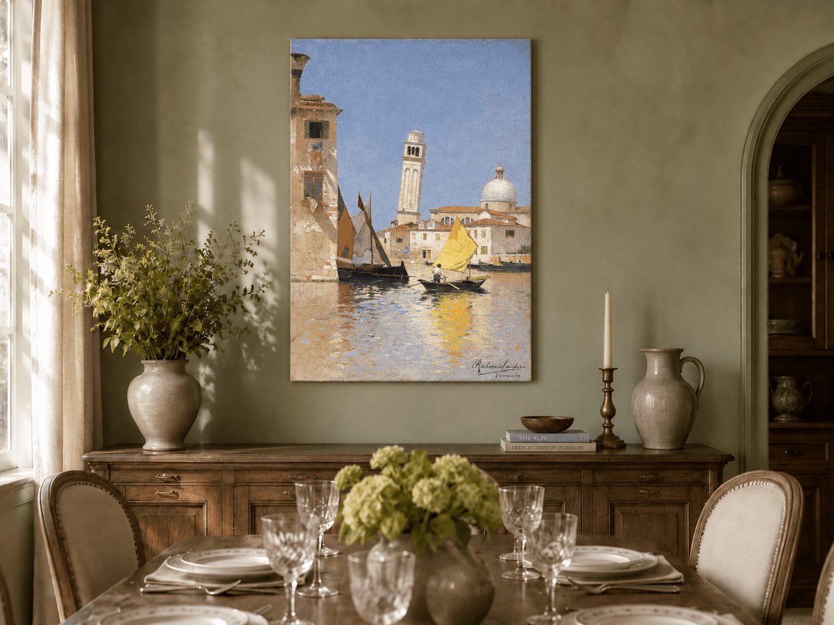 Landscape Oil Painting - Venetian Canal with Yellow Sail Boat