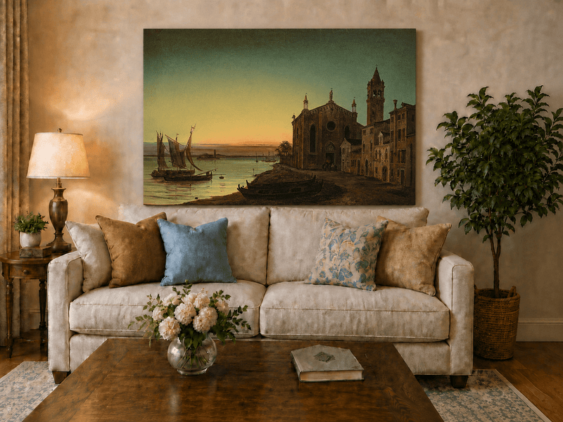 Landschaftsgemälde in Öl – Dramatische Felsschlucht mit Figuren